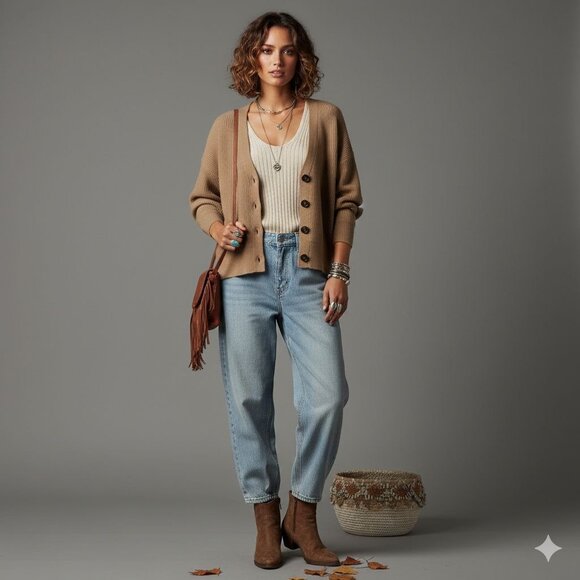 Apparis Women's Tan Oversized Cropped Ribbed Knit Button-Up Cardigan Size Medium - Picture 1 of 15